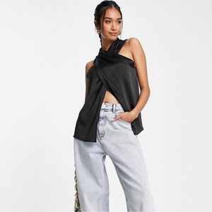 Black Wrap Front Sleeveless Satin Blouse with Pleat Shoulder Sz 2 New